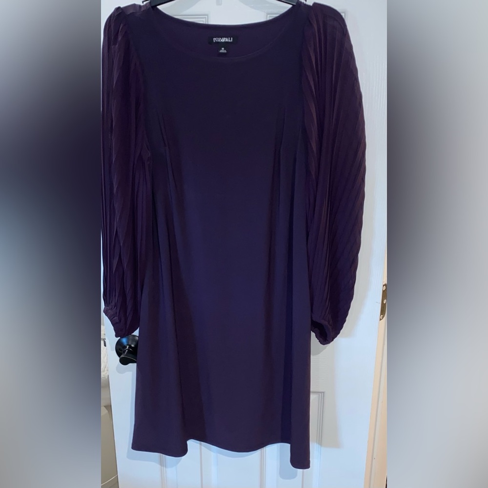 Roz & Ali Womens Plum Purple Jersey Knit Pleated Long Bishop Sleeve Dress *NEW*